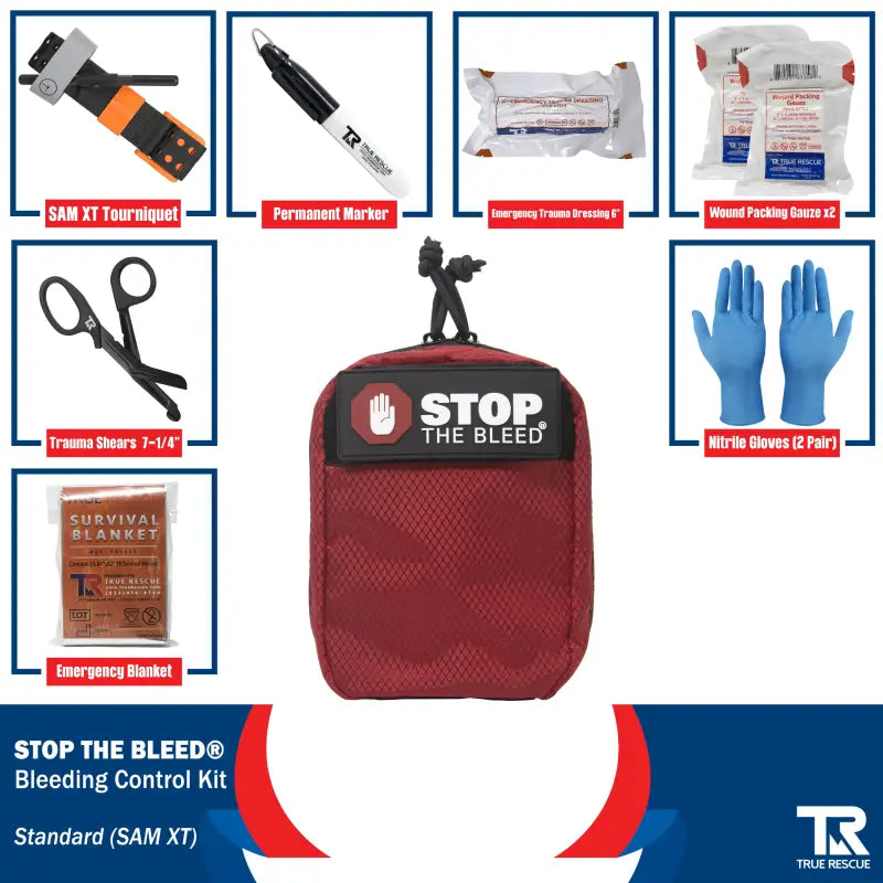 Red Stop the Bleed Medical Trauma Kit with QuikClot Premium and first aid supplies