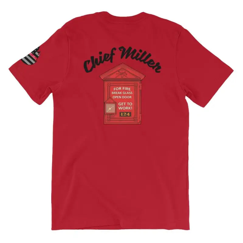 Red short sleeve t-shirt with fire alarm box design and Chief Miller text, perfect for fans