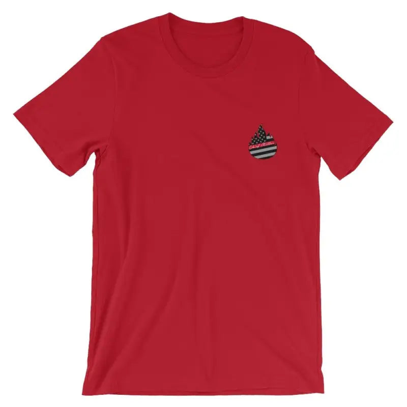 Red t-shirt with American flag emblem, part of Born To Be Wild collection