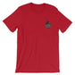 Red firefighter short sleeve shirt with American flag droplet logo, tattoos matter design