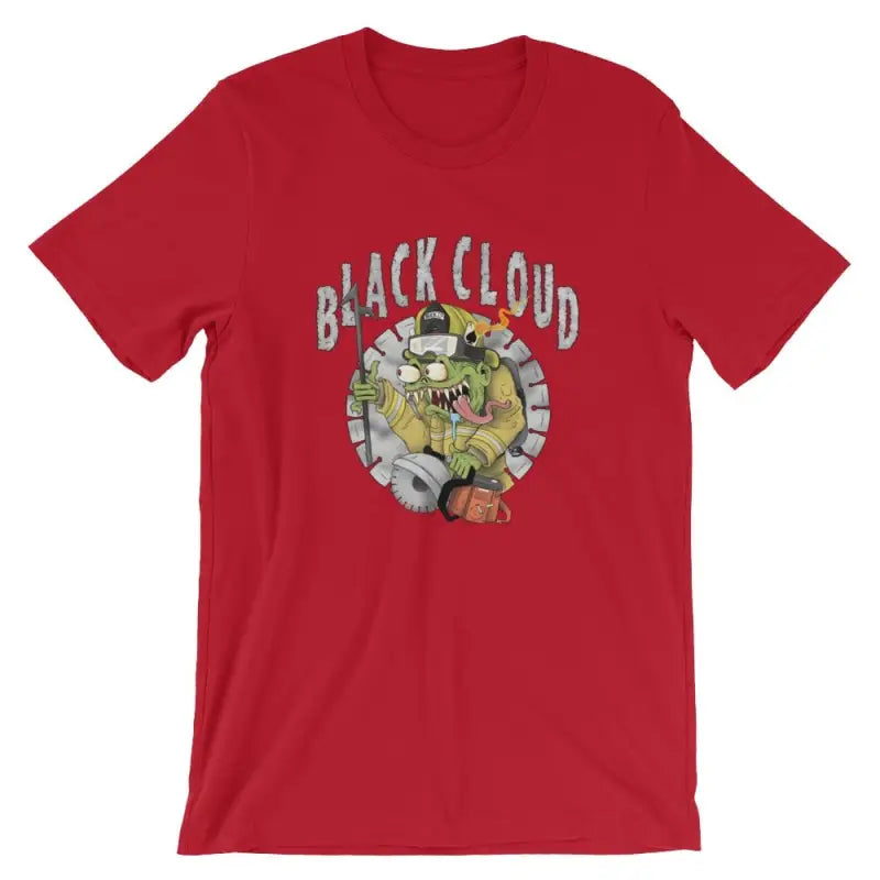 Red T-shirt featuring Black Cloud Monster graphic design with a cartoon character