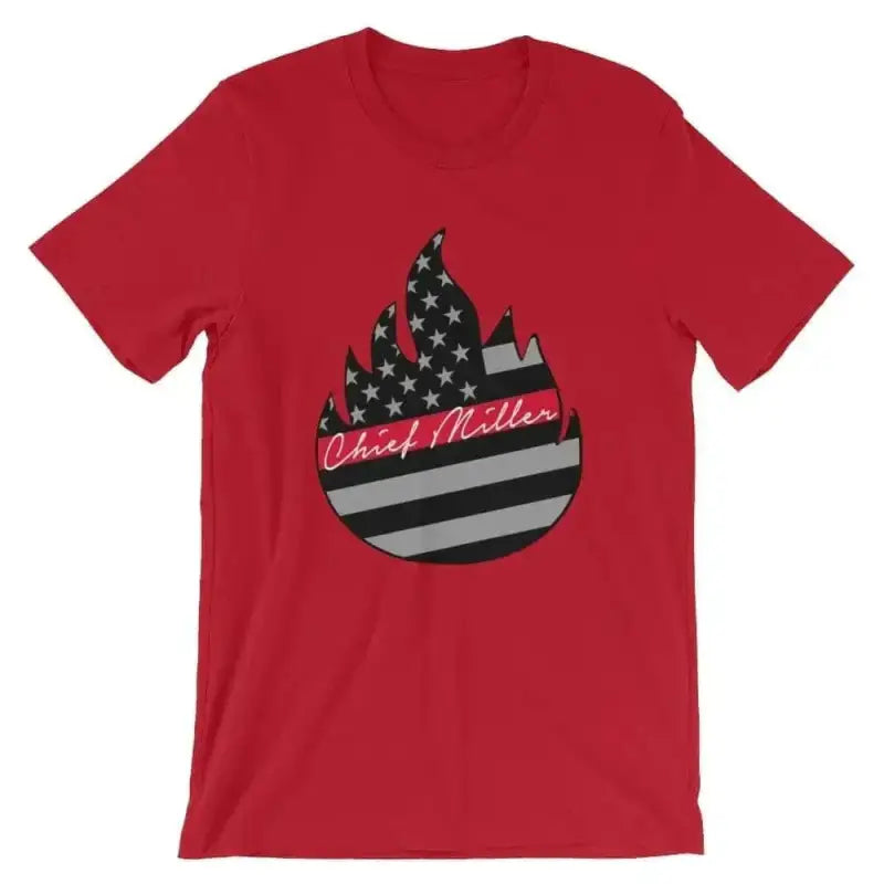 Red Signature T-shirt with black and white American flag flame design for heather prism dusty