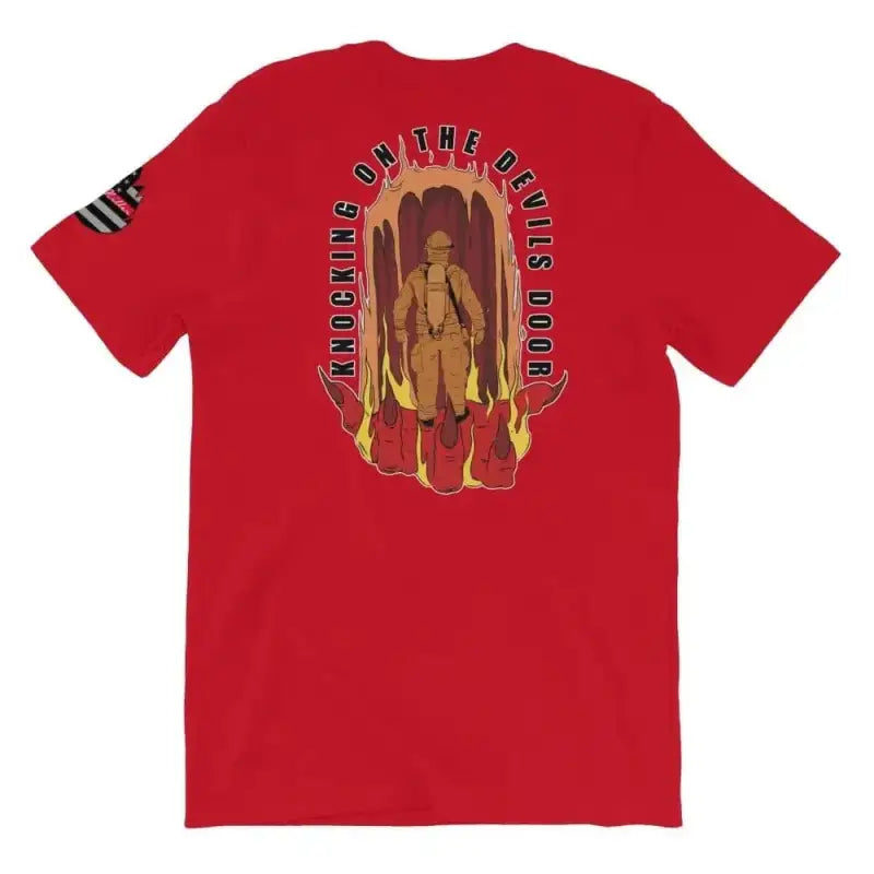 Red T-shirt with brown and gold graphic design on back for Knocking On The Devils Door