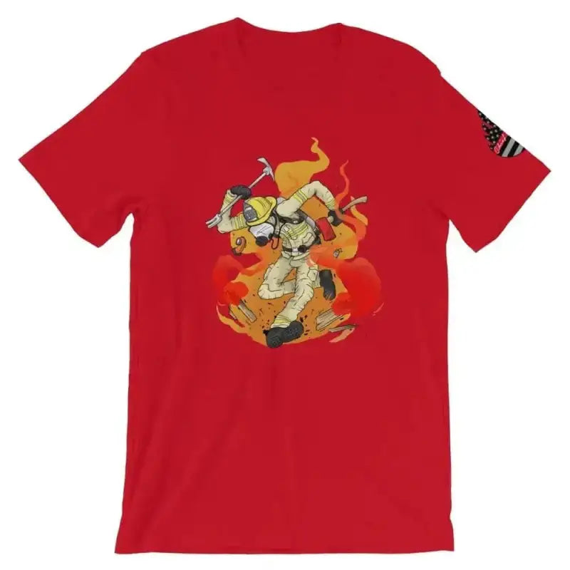 Red t-shirt with a cartoon firefighter design, available in Dark Grey Heather and Athletic Heather