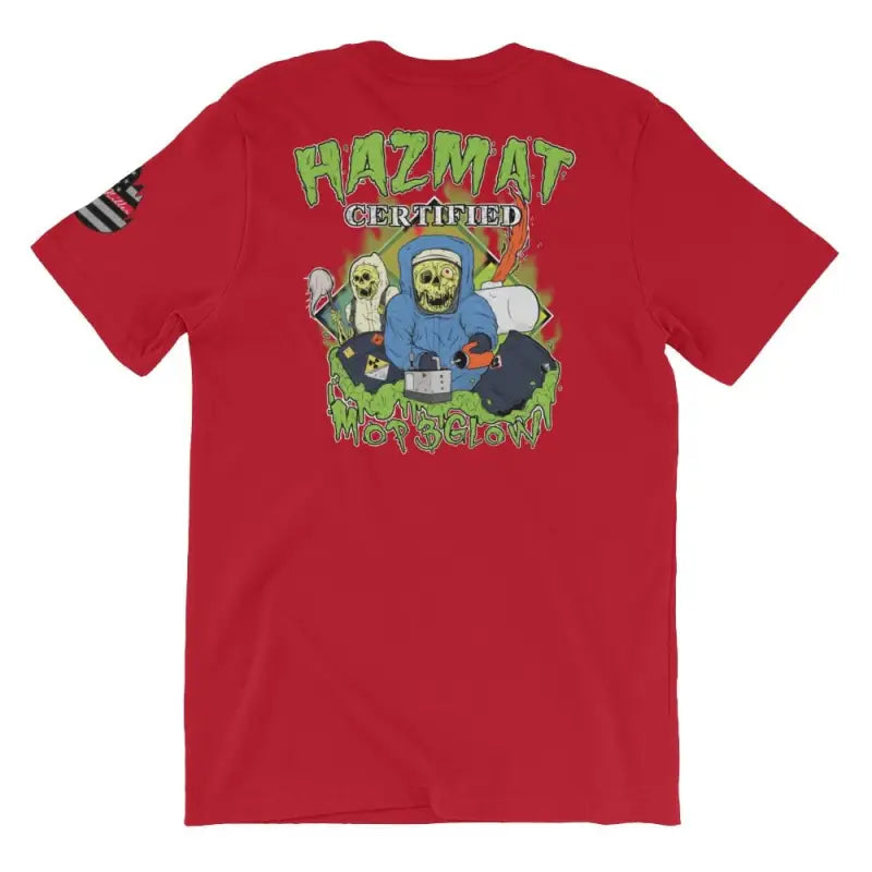 Red T-shirt featuring HAZMAT CERTIFIED graphic on back in True Royal color option