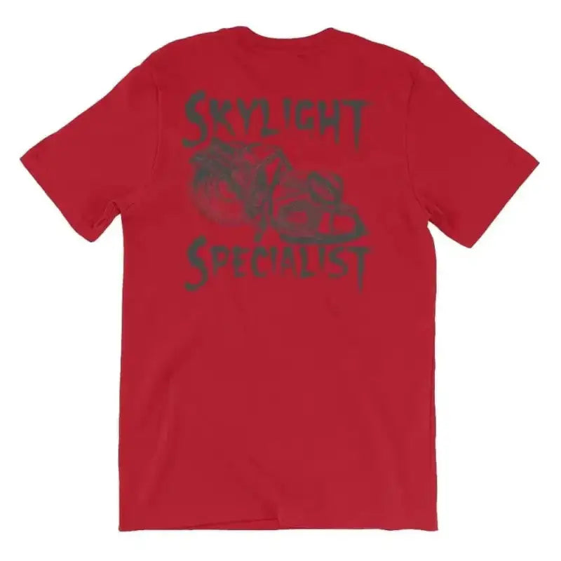 Red Skylight Specialist short sleeve t-shirt with dark gray graphics. Athletic Heather style