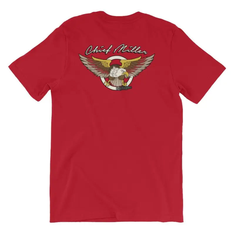 Red T-shirt with eagle logo and Chief Miller text, part of Eagle - Short Sleeve collection