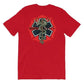 Red EMT Star of Life t-shirt with caduceus design, available in True Royal and Athletic Heather