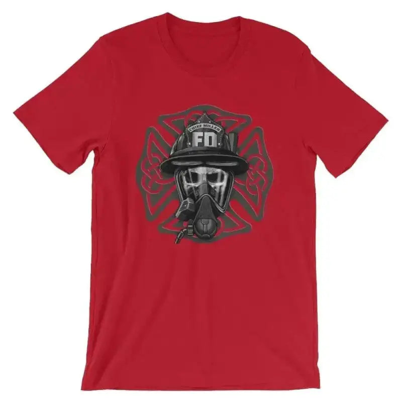 Red t-shirt with firefighter helmet, gas mask, and Celtic Maltese Cross design