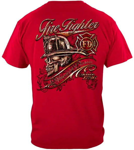 Red firefighter skull American classic T-shirt with skull American design for men