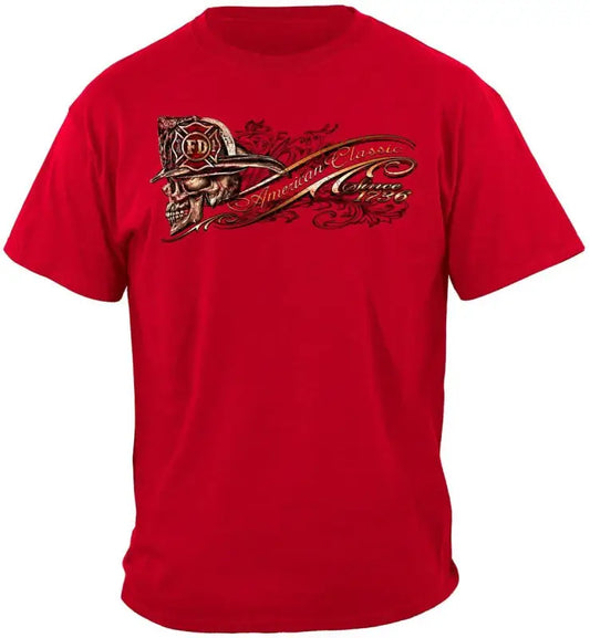 Red firefighter skull American classic T-shirt featuring bold skull American graphic