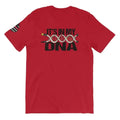 Red short sleeve t-shirt with IT’S IN MY DNA text and DNA helix graphic design