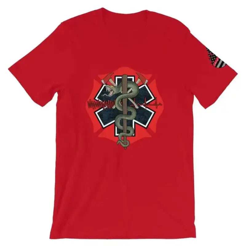 Red t-shirt with medical Star of Life design on back, perfect for athletic heather style