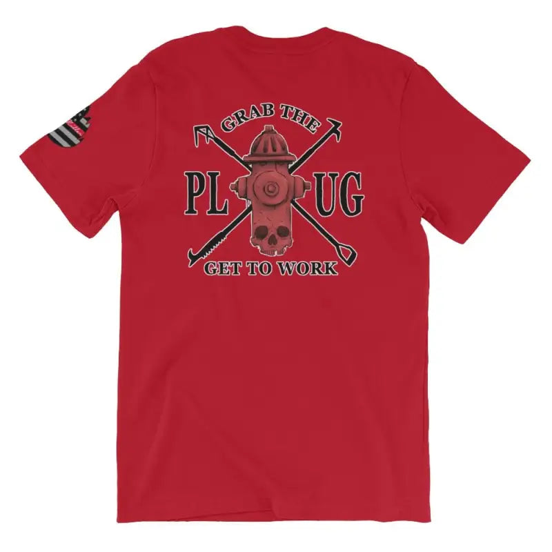 Red t-shirt with skull design and text Grab The Plug Get To Work on grey heather background