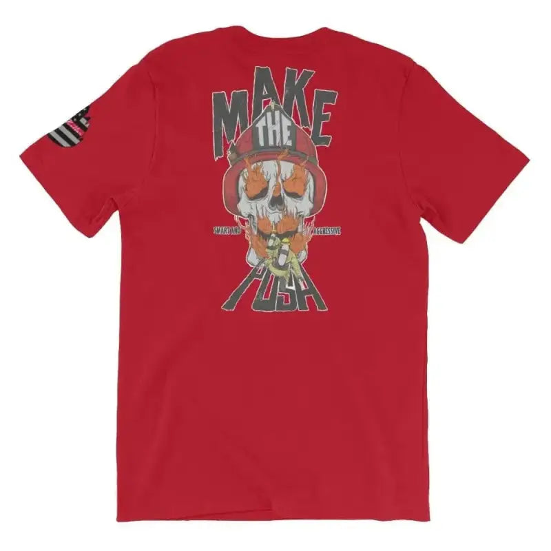 Red t-shirt with skull graphic and Make The Play design, ideal for athletic heather push - short