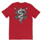 Red short sleeve t-shirt featuring a snake and crossed axes design on the back