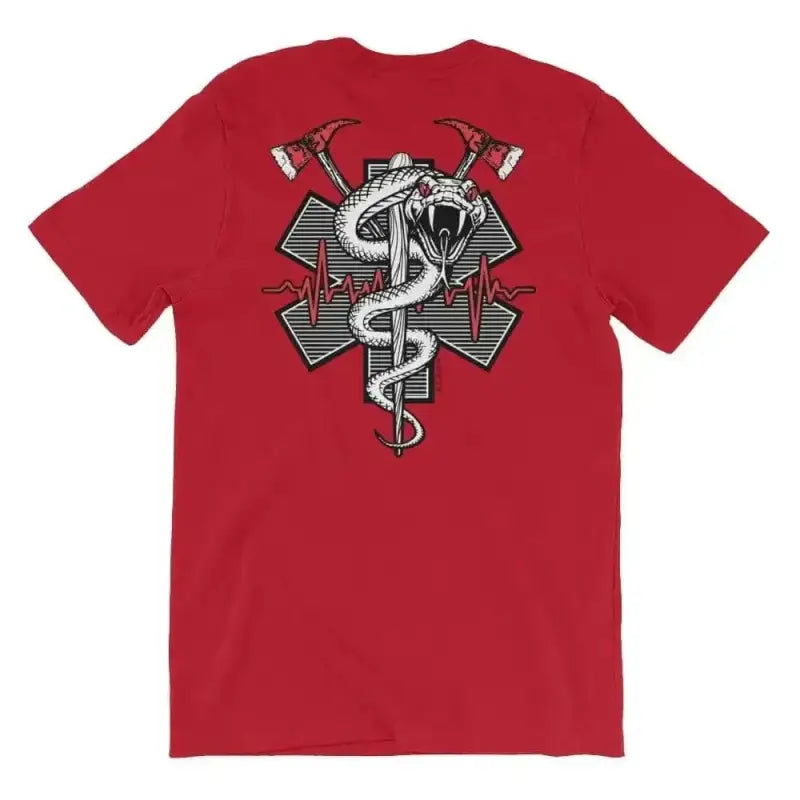 Red short sleeve t-shirt featuring a snake and crossed axes design on the back