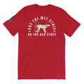 Red t-shirt featuring a spotted dog graphic, perfect for dog lovers in True Royal