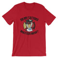 Red t-shirt featuring Do My Tattoos Matter Now text and firefighter graphic design