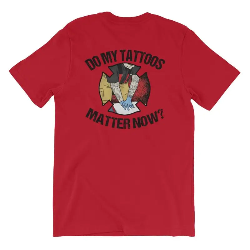 Red firefighter short sleeve t-shirt featuring tattoos matter design and graphic fists