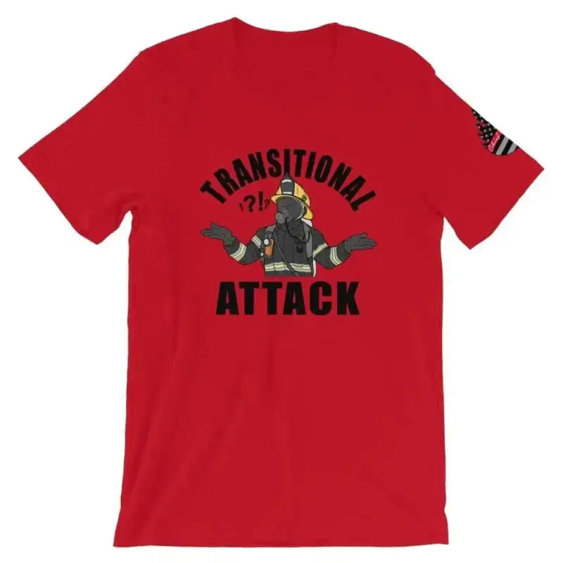 Red Transitional Attack short sleeve t-shirt featuring firefighter graphic on back