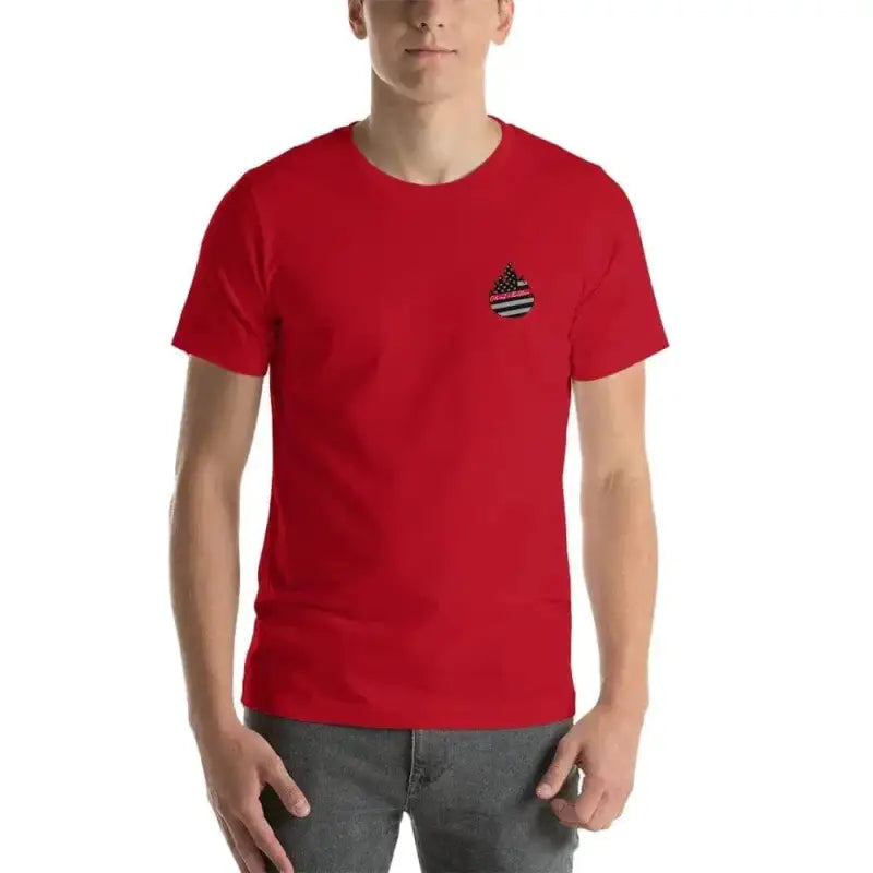 Red Short-Sleeve Unisex T-Shirt with triangular logo, also available in Heather Midnight Navy