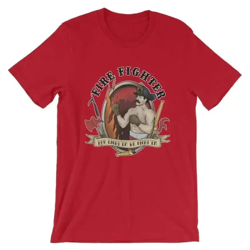 Red t-shirt with vintage boxing graphic design from You Light’em We Fight’em collection