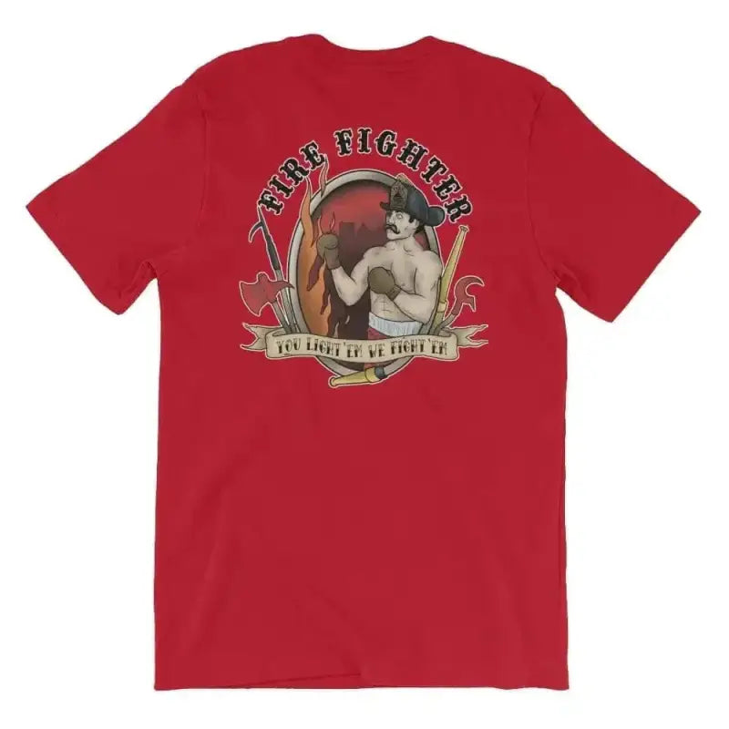 Red t-shirt featuring vintage boxing graphic You Light’em We Fight’em on back