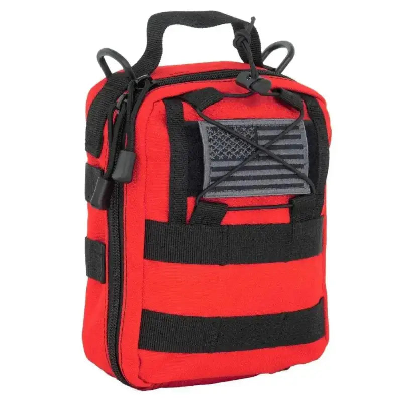 Red Tactical First Aid Pouch with Black Straps and USA Patch for Gunshot Trauma Emergency