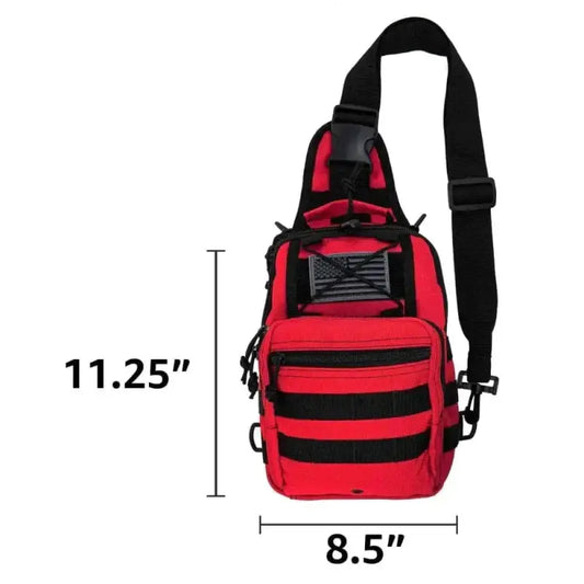 Red tactical bleeding control sling bag with black straps and multiple compartments