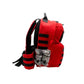 Red tactical backpack with black straps for the Field Medic Kit features camouflage pouches