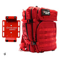 Red tactical backpack with MOLLE webbing for bleeding control kit and all-terrain use