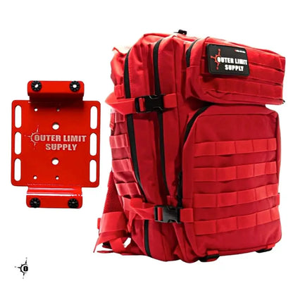 Red tactical backpack with MOLLE webbing for bleeding control kit and all-terrain use
