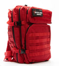 Red tactical backpack with MOLLE webbing for a bleeding control kit and all-terrain use