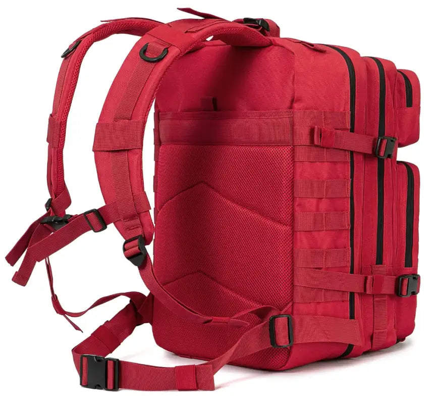 Red tactical All-Terrain Backpack with compartments for rolled gauze and adhesive bandages