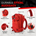 Red tactical backpack with multiple compartments for tactical trauma kit storage