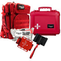 Red tactical medical response backpack with bleeding control kit and rolled gauze supplies