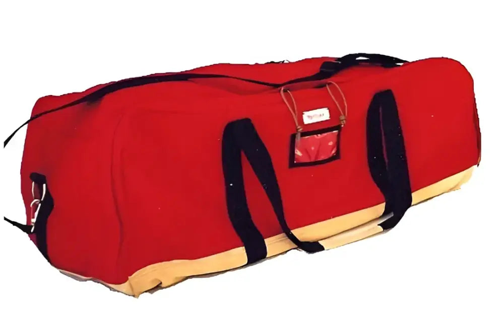 Red and tan duffel bag for turnout gear, fire fighter gear bag with side zipper