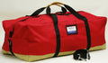 Red and tan turnout gear bag with center zipper for durable gear storage