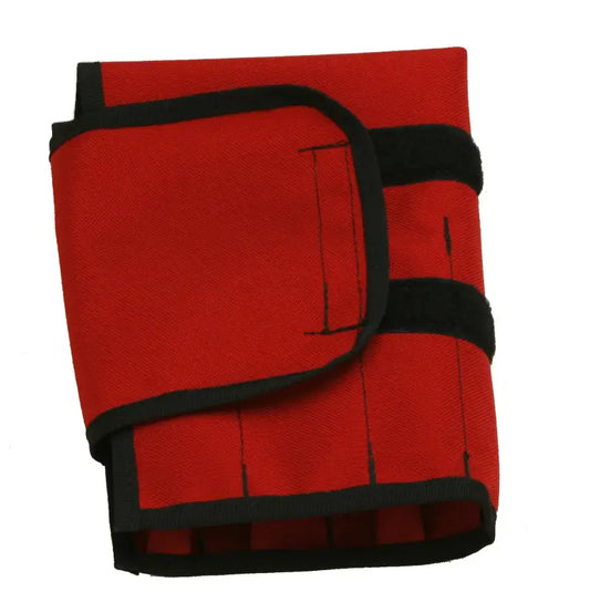 Red firefighter turnout tool roll with black trim, perfect for firefighter turnout tools