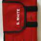 Red firefighter turnout tool roll with black trim for carrying turnout tools and firefighting gear