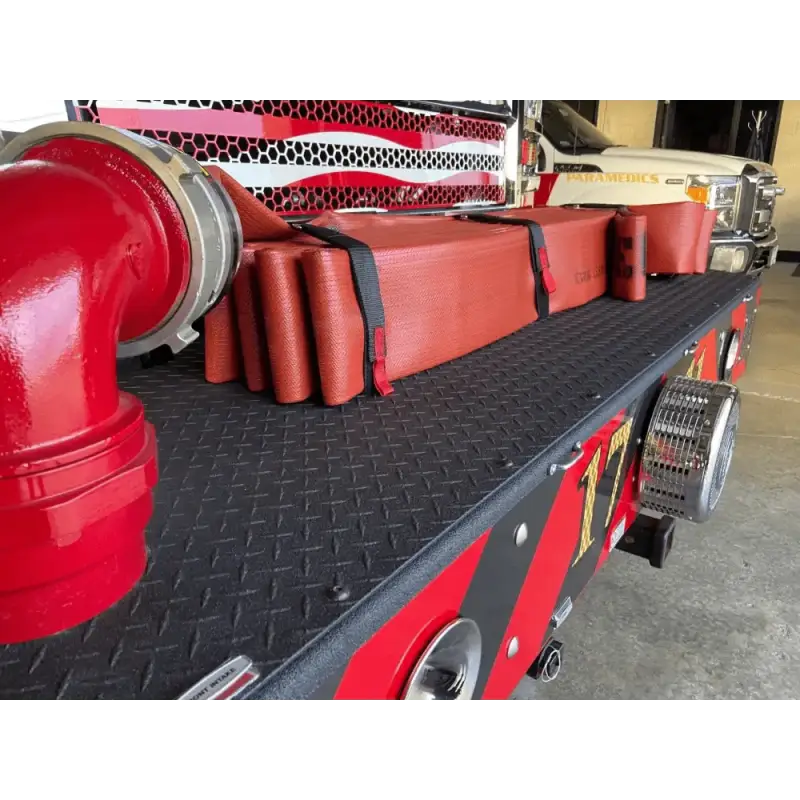 Red fire truck with hose strap 44”-FF44HS features black diamond plate running boards