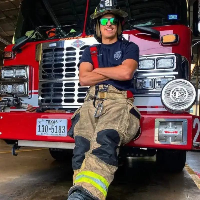 Red fire truck with Texas license plate highlighting Pomona Celtic for first responders