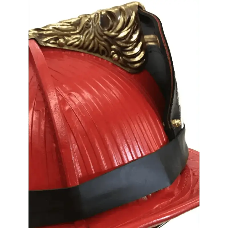 Red vintage firefighter helmet with gold crest and rubber firefighter helmet band 3PK