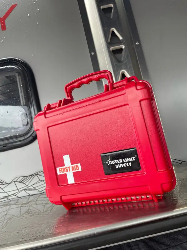 Red waterproof 6500 Series First Aid Kit with handles for cool blaze burn and allergic reaction