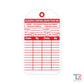 Red and white bleeding control inspection tag with date tracking fields for safety compliance