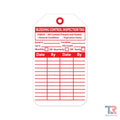 Red and white bleeding control inspection tag with date tracking fields for safety compliance