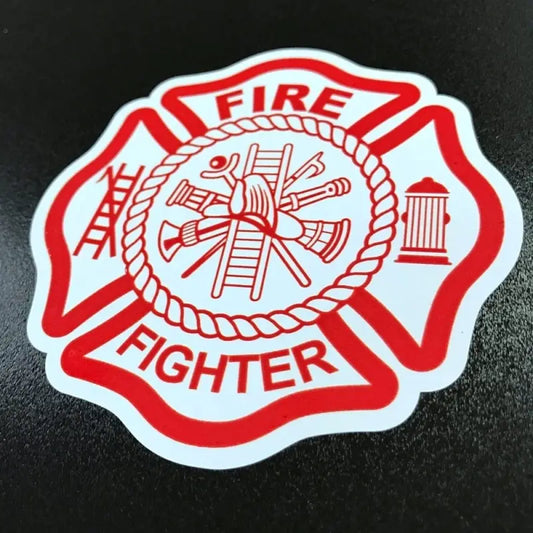 Firefighter Maltese Cross decal featuring red and white emblem with rescue tools