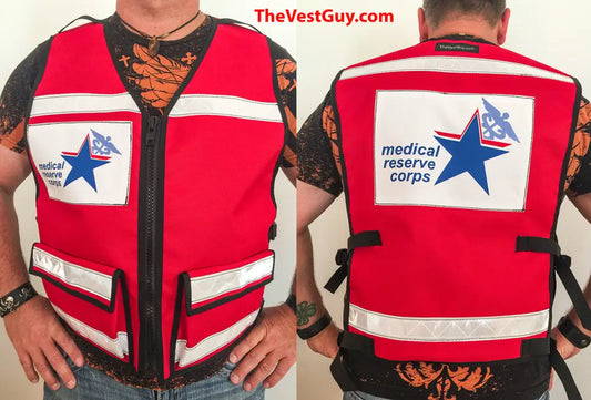 Red and white Medical Reserve Corps vest with logo and reflective stripes