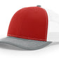Red and white trucker hat with gray brim and leather patch for first responders or firefighter